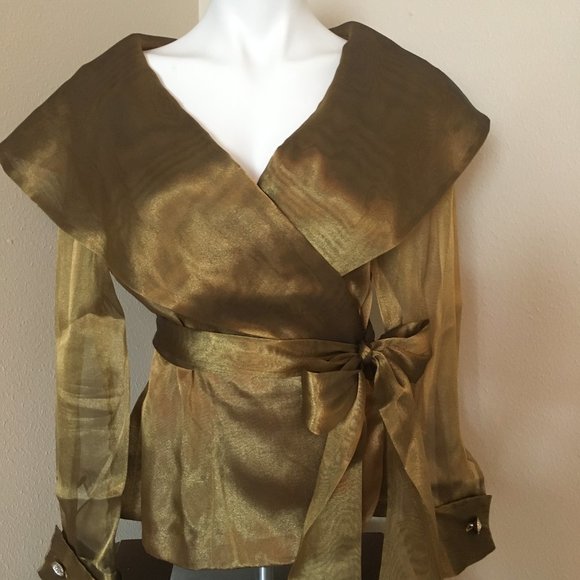 Positively Ellyn Tops - Shear Long Sleeve Wrap Blouse with Large Elegant Collar and Rhinestone Cuff